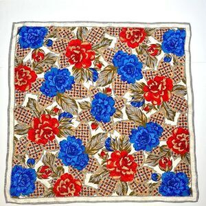 Albert Nipon for XIIX KARAT Silk Scarf Blue Magenta Tan Floral Roses Vintage